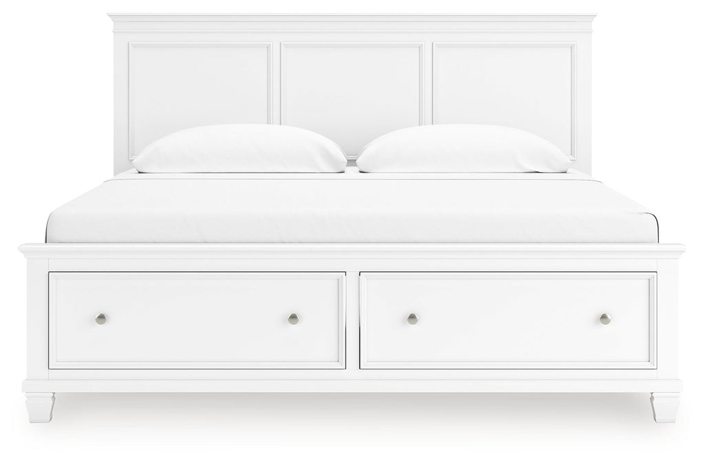 White panel bed with two large underbed drawers and two matching pillows