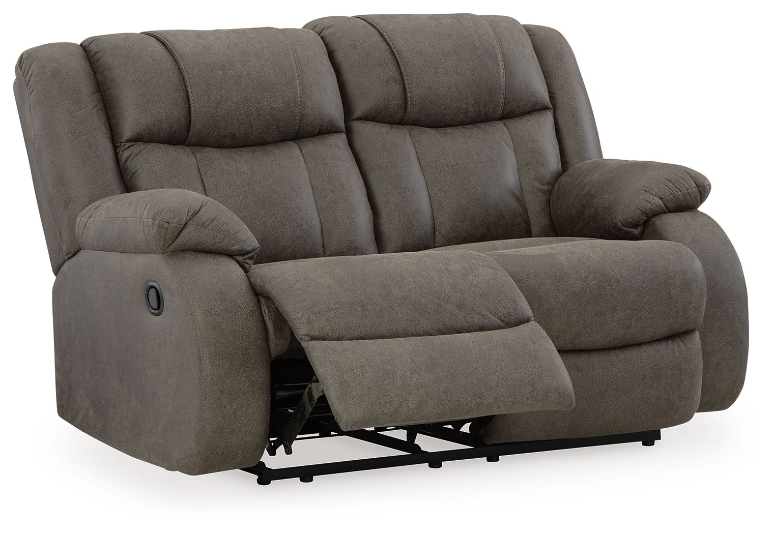 Gunmetal reclining loveseat with extended footrest and padded headrest, angled view
