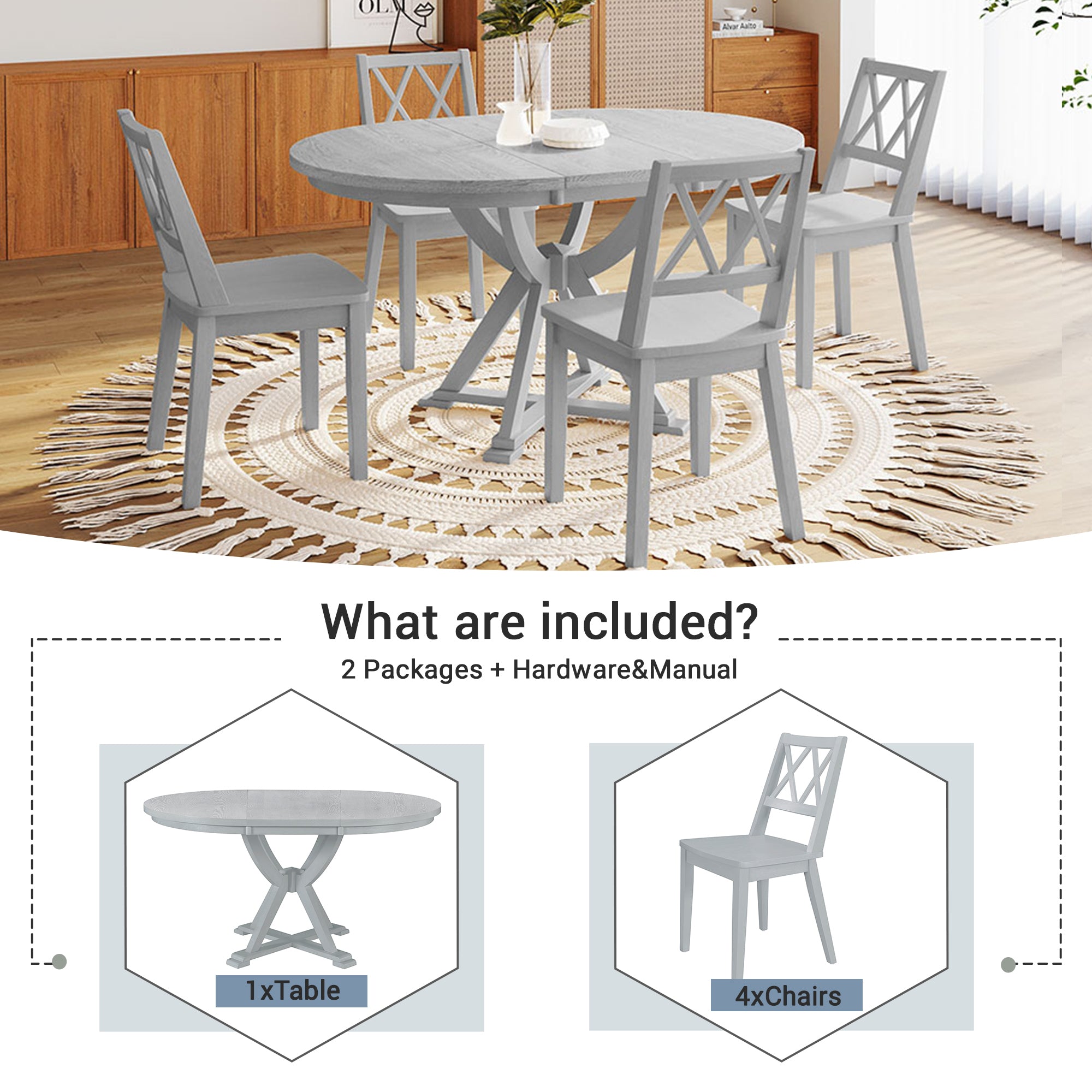 Mid-Century 5-Pc. Dining Set w/Leaf, Grey