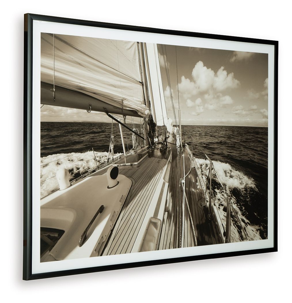 Sepia sailboat wall art print in dark frame, deck planks, ropes, and waves