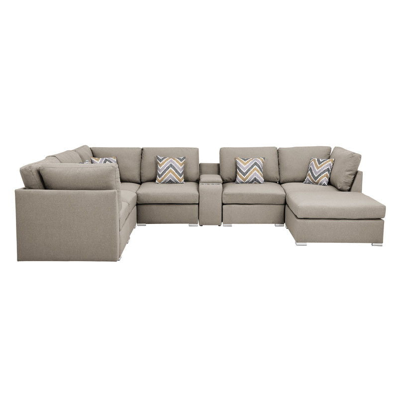 Lucy - Fabric Reversible Modular Sectional Sofa With USB Console And Ottoman - Beige