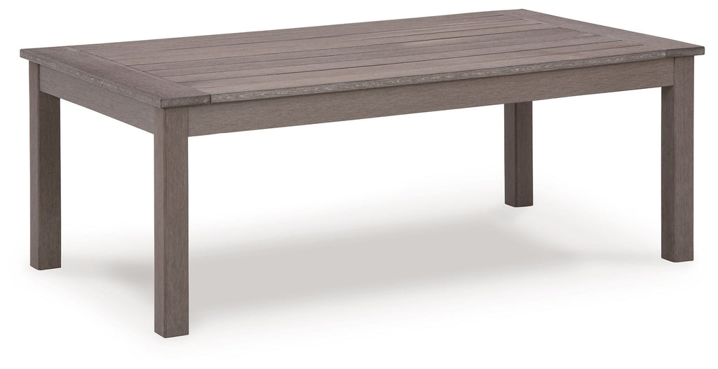 Rectangular cocktail table with brown slatted tabletop and sturdy legs