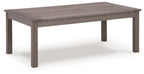 Rectangular cocktail table with brown slatted tabletop and sturdy legs