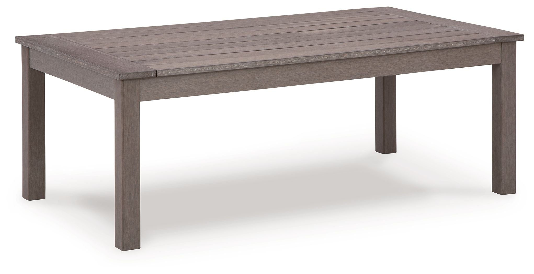Rectangular cocktail table with brown slatted tabletop and sturdy legs