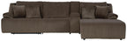 Dark brown reclining sectional sofa with striped upholstery, chaise seat, and layered pillows