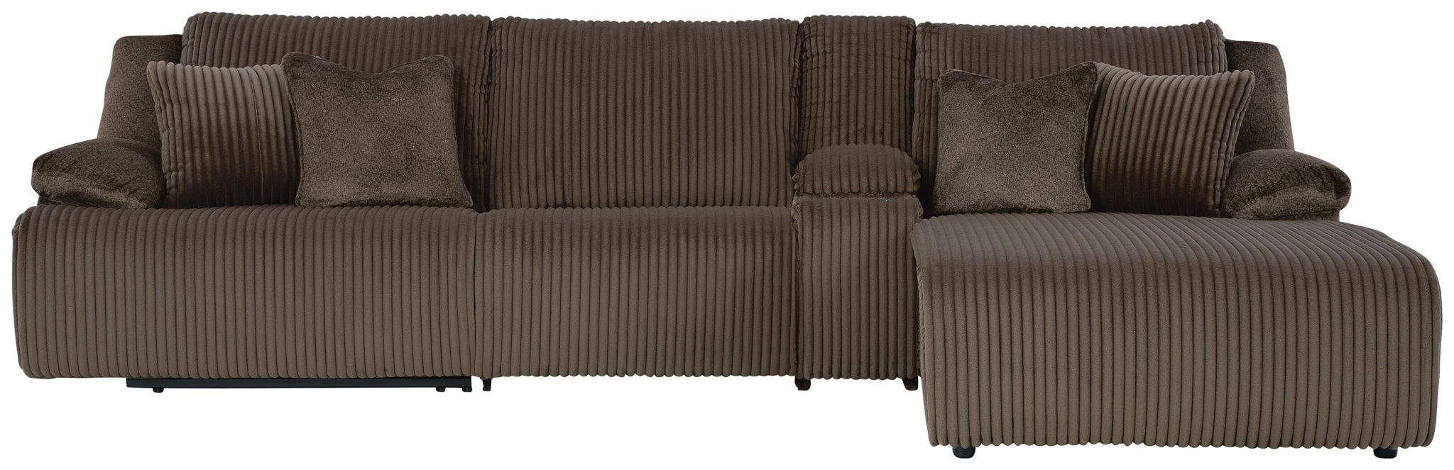 Dark brown reclining sectional sofa with striped upholstery, chaise seat, and layered pillows