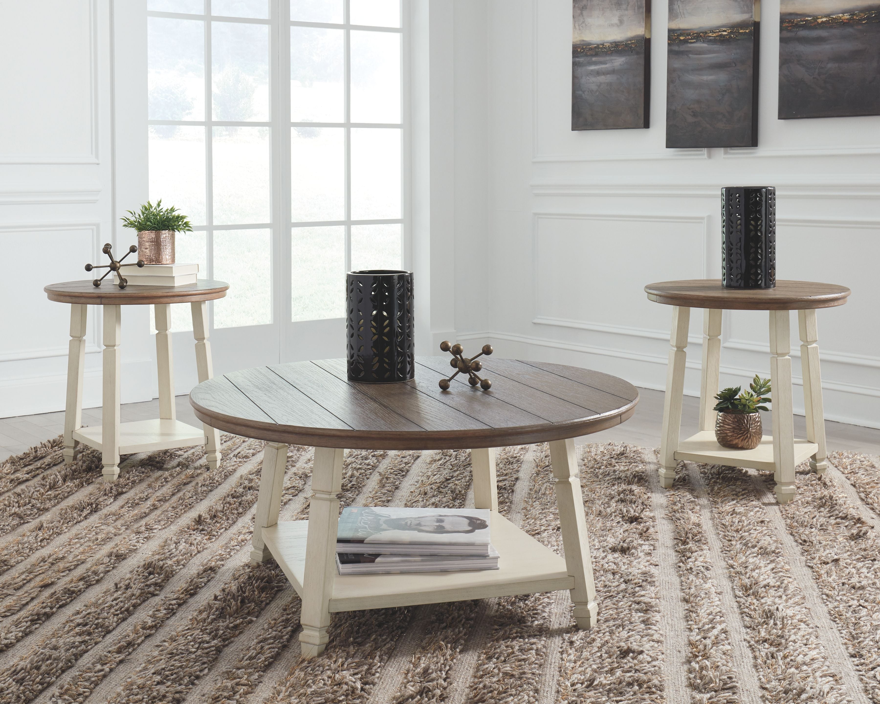 Occasional coffee and side tables, set of 3, round brown tops with white frames