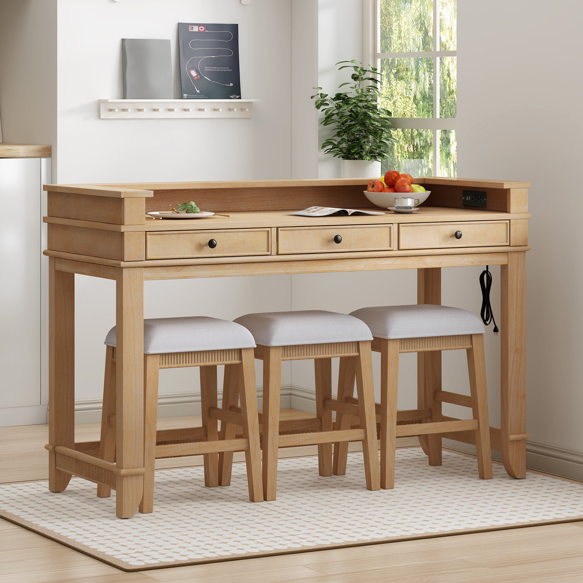 4-Pc Dining Set w/ 3 Stools (Natural)
