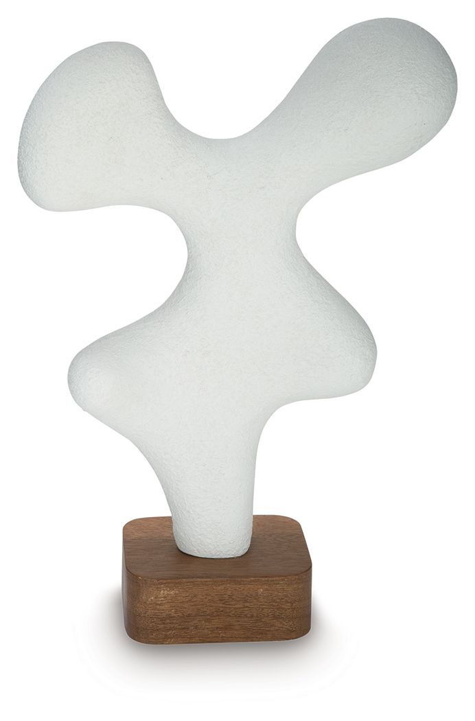 Lavarsen white abstract sculpture with three-lobed form on wooden base
