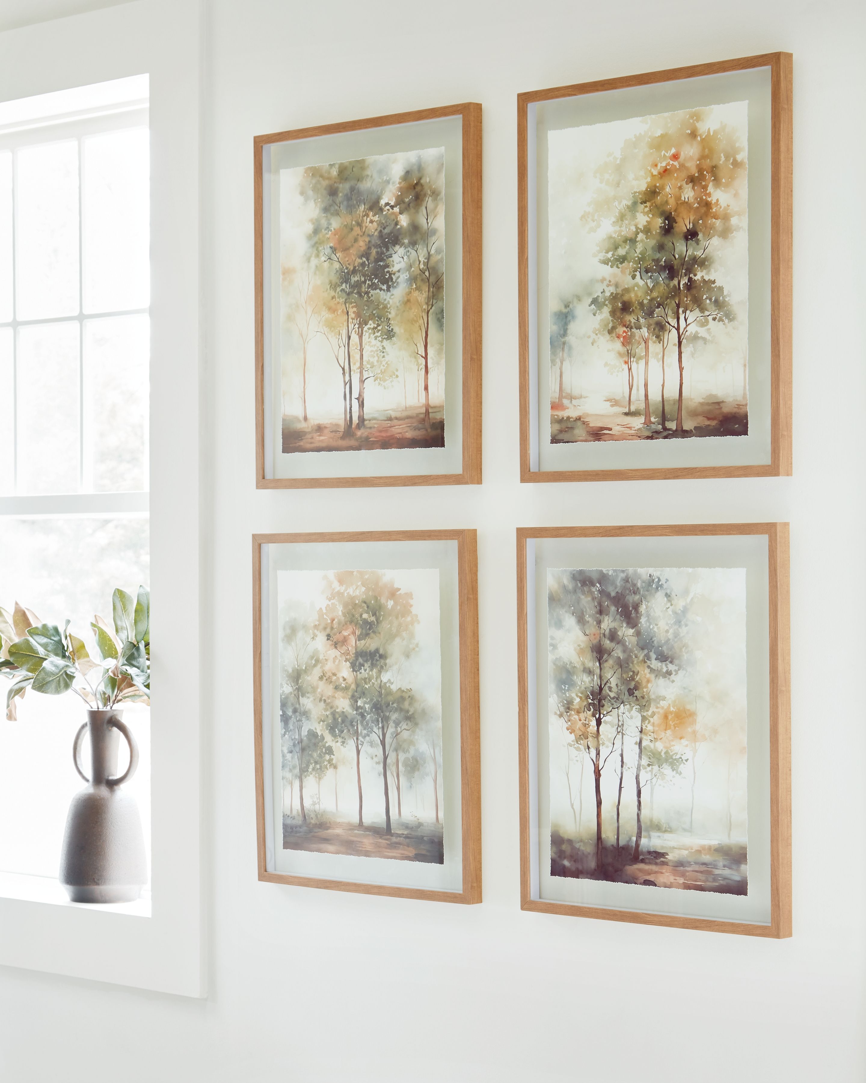 Set of 4 framed tree landscape wall art prints, muted watercolor trees in a grid layout