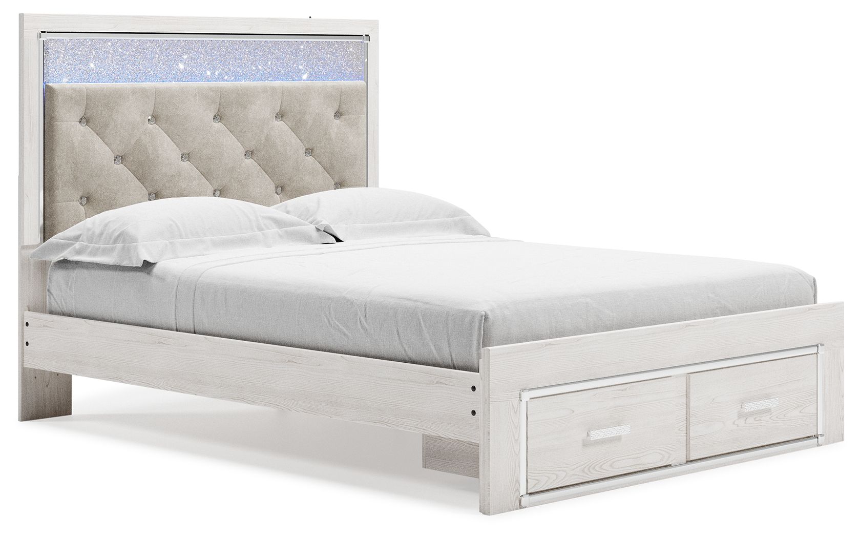 White panel bed with light gray upholstered headboard and open base; no footboard storage.