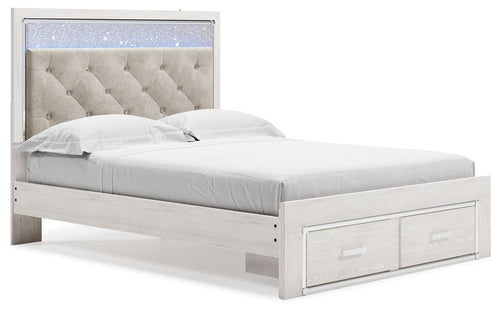 White panel bed with light gray upholstered headboard and open base; no footboard storage.