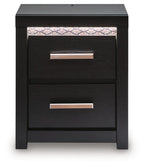 Black two-drawer nightstand with two drawers and chrome bar handles, front view