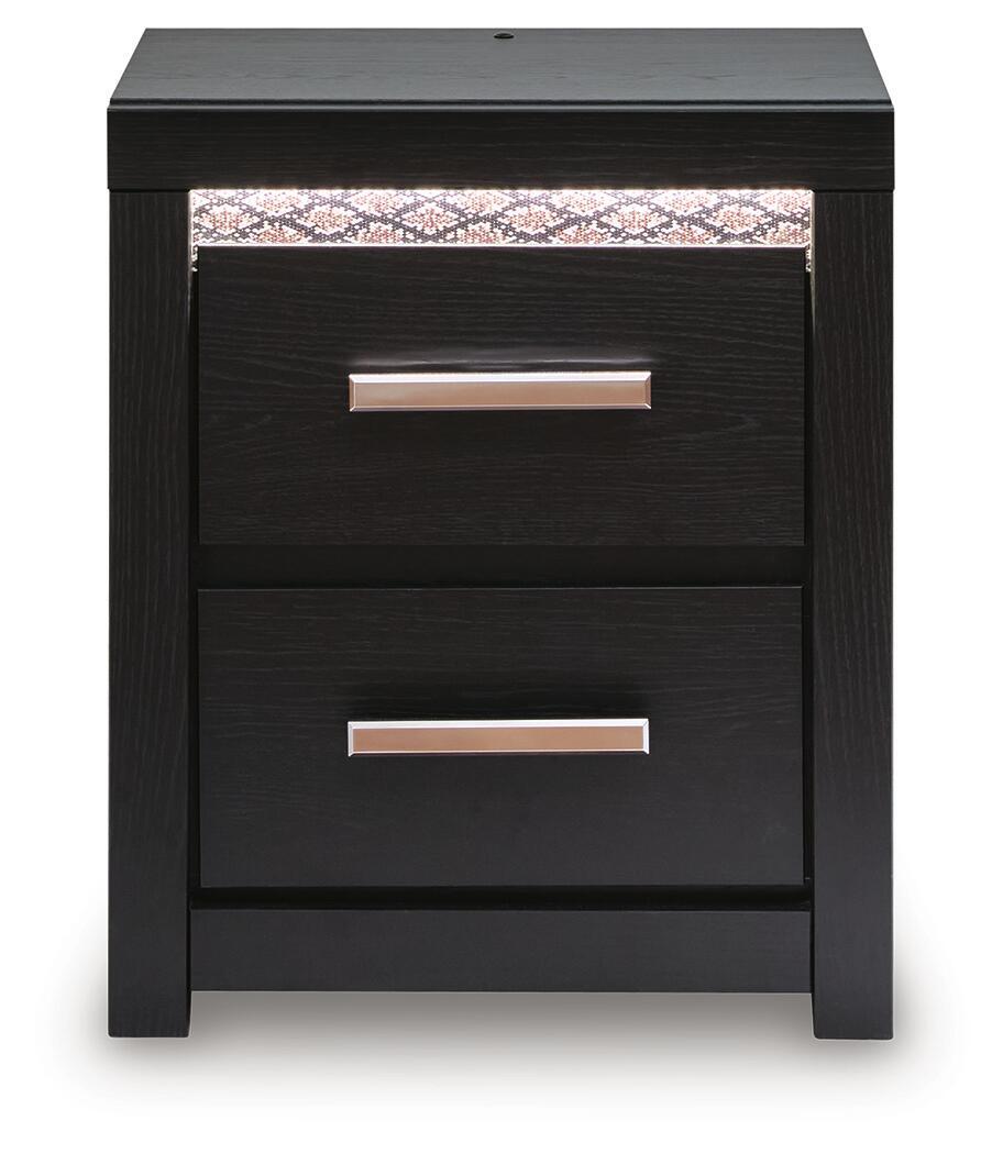 Black two-drawer nightstand with two drawers and chrome bar handles, front view