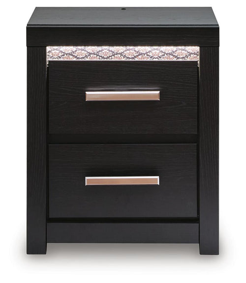 Black two-drawer nightstand with two drawers and chrome bar handles, front view