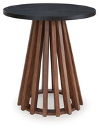 Round end table with dark round tabletop and warm brown radiating legs