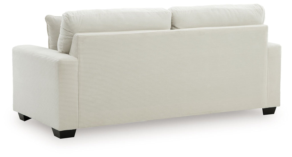 Greenbriar sofa in white textured fabric, track arms, three back cushions, dark feet