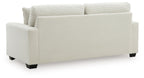 Greenbriar sofa in white textured fabric, track arms, three back cushions, dark feet