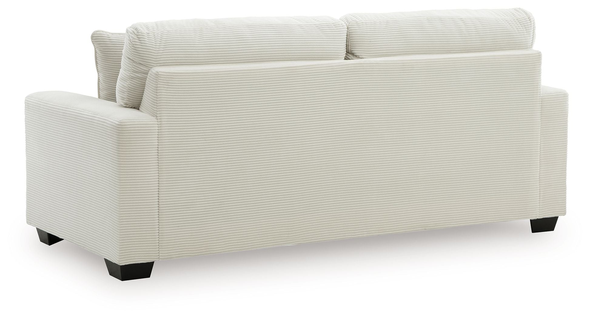Greenbriar sofa in white textured fabric, track arms, three back cushions, dark feet