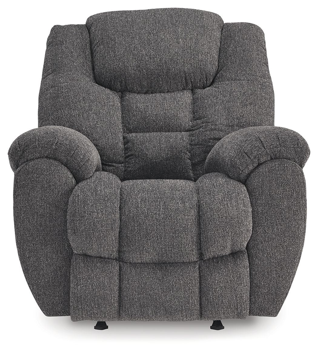 Charcoal fabric rocker recliner chair with padded back, seat cushions, and armrests