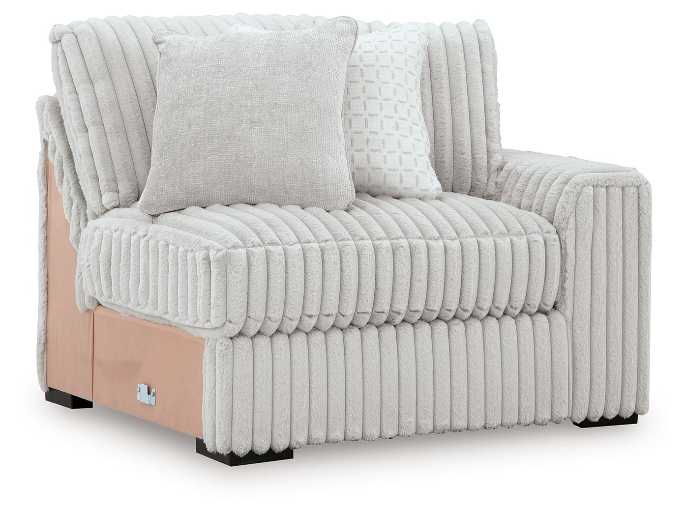 RAF corner chair with ribbed light gray cushions and left-side armrest