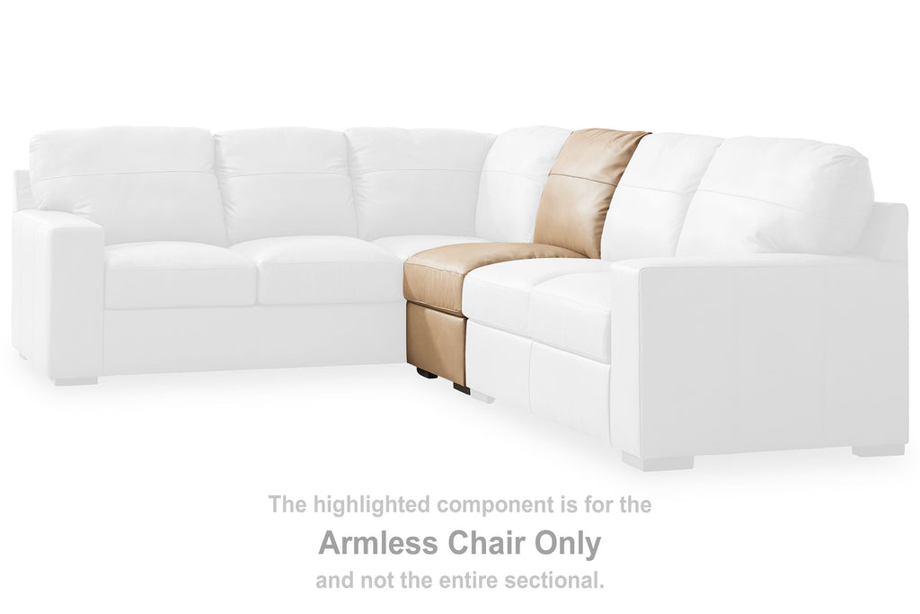 Toffee armless chair component with plush seat and tall backrest, visible stitching