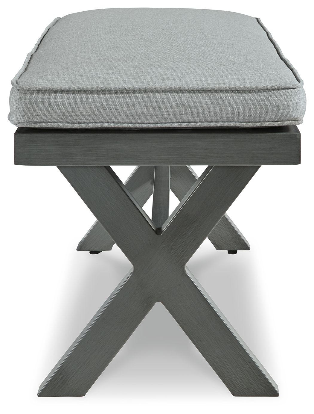 Gray bench cushion on dark gray folding X-base