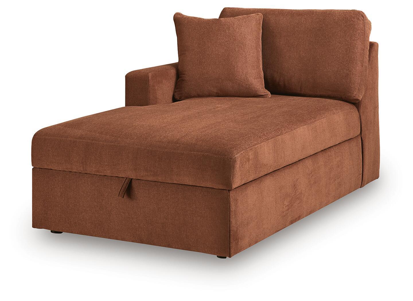 Brown LAF corner chaise with storage, upholstered cushions and two back pillows