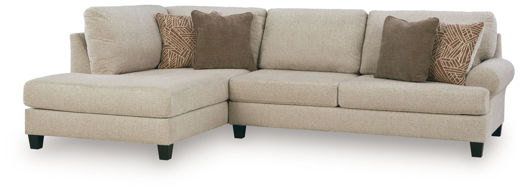 Light beige sectional sofa with right-facing corner chaise and 5 accent pillows