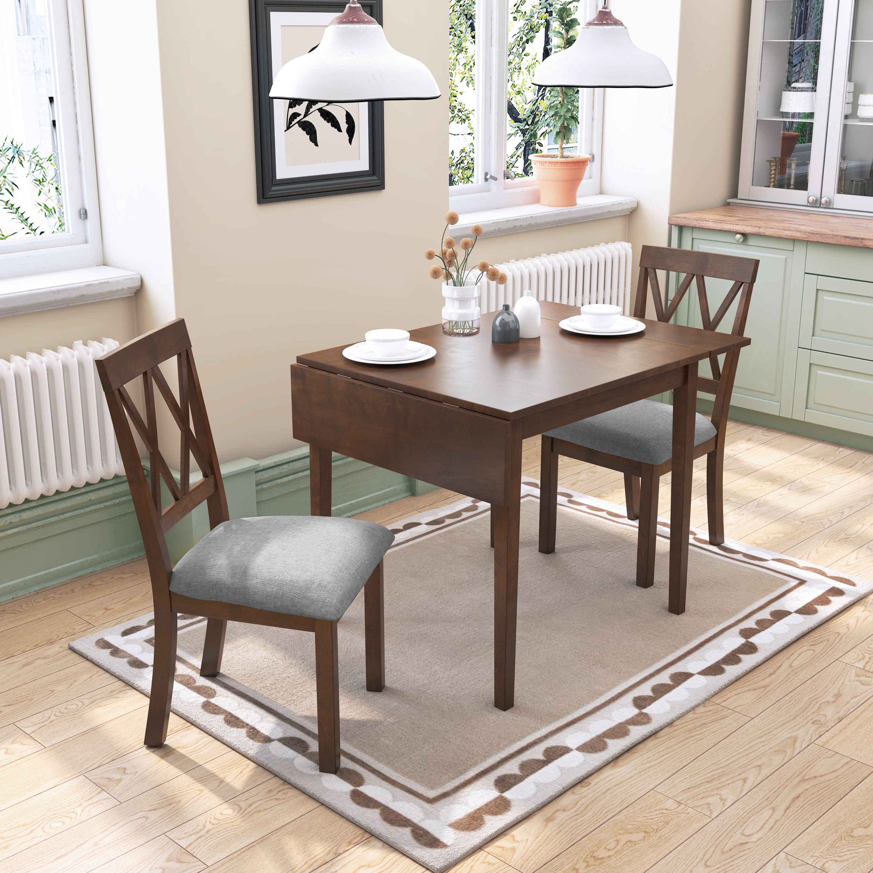 3 Piece Drop Leaf Kitchen Dining Set - Brown