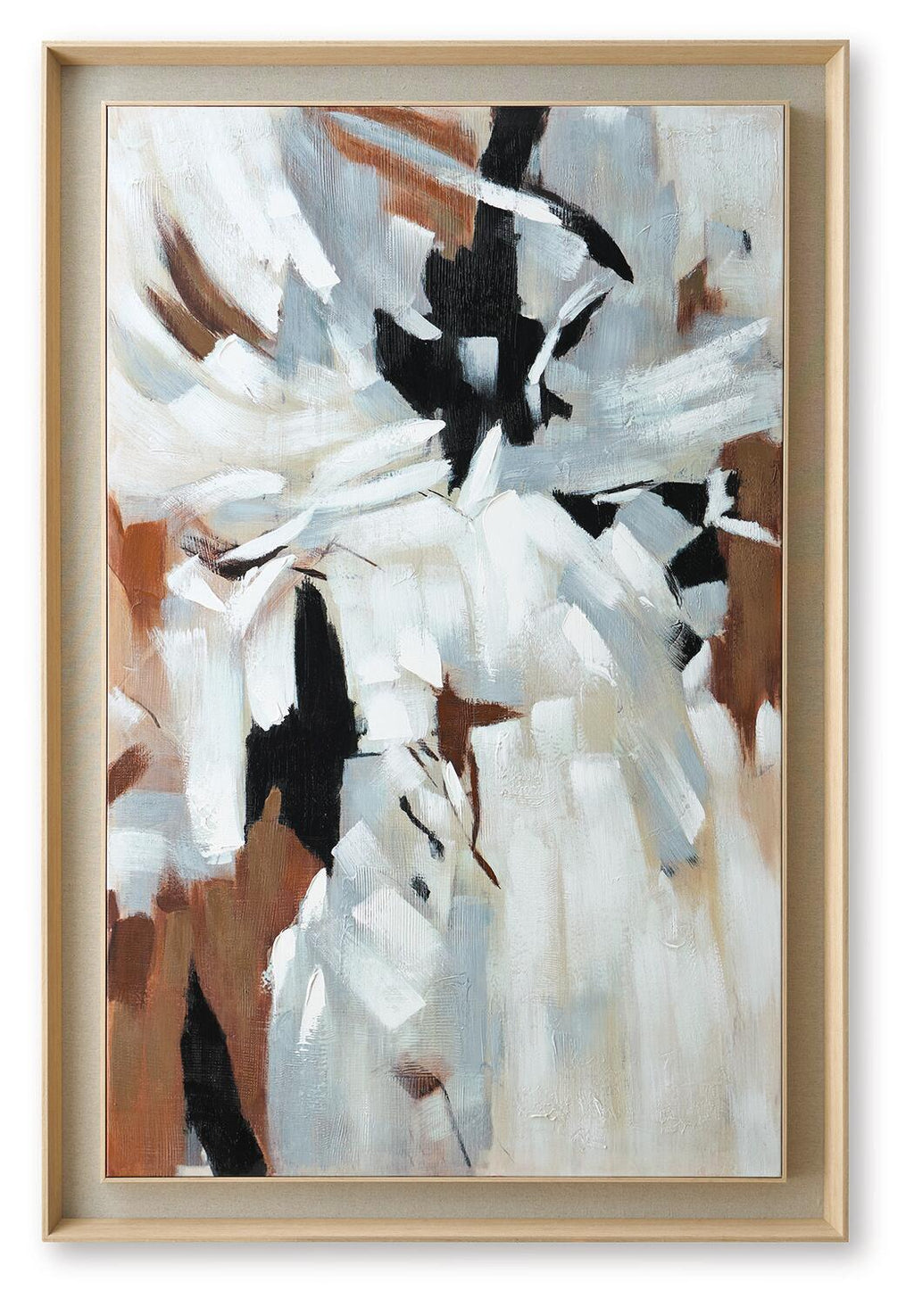 Framed abstract wall art with sweeping white and light-blue strokes plus black splashes