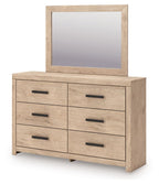 Tan dresser and mirror with six drawers, angled view, black bar handles