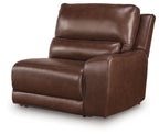 Brown leather wall power recliner chair with padded arms and headrest