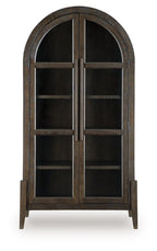 Dark brown accent cabinet front view with arched double doors and open shelves