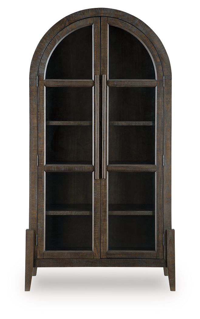 Dark brown accent cabinet front view with arched double doors and open shelves