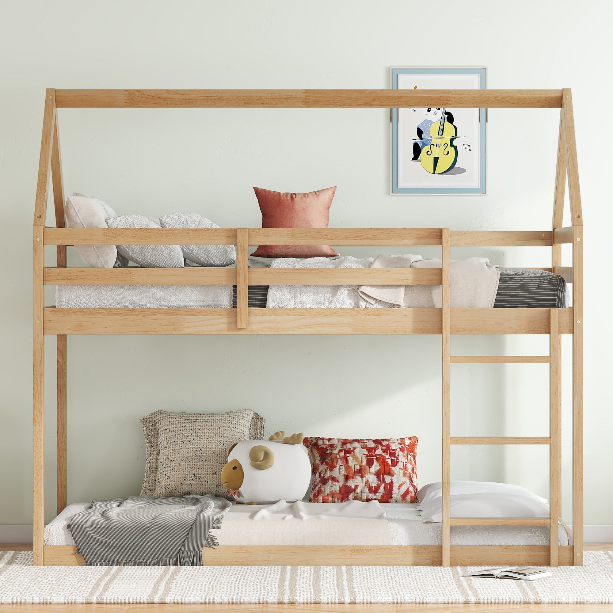 White Oak Twin Over Twin House Floor Bunk Bed with Ladder & Guardrails