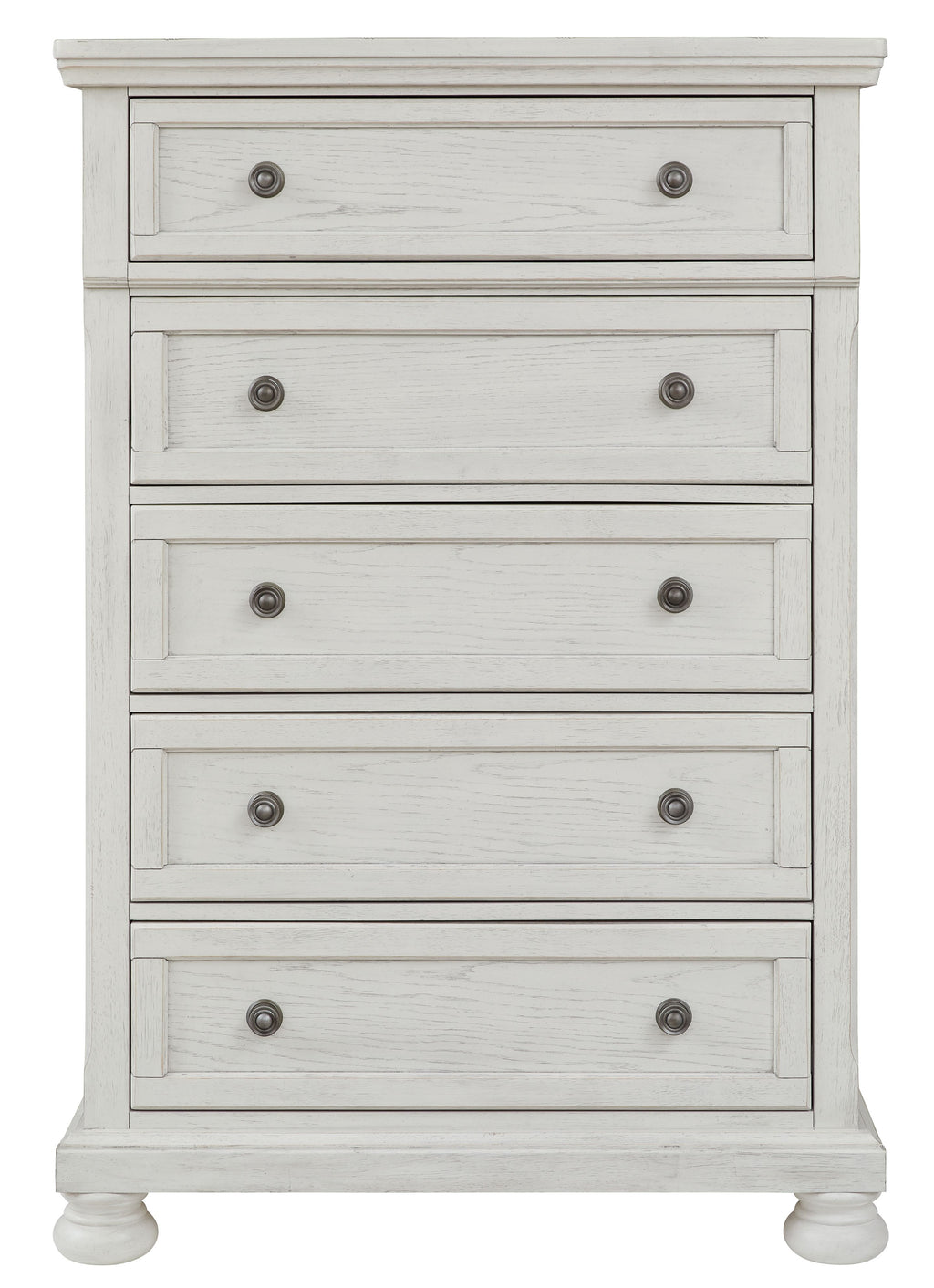 Antique white five-drawer chest with five drawer fronts and round metal knob pulls