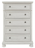 Antique white five-drawer chest with five drawer fronts and round metal knob pulls