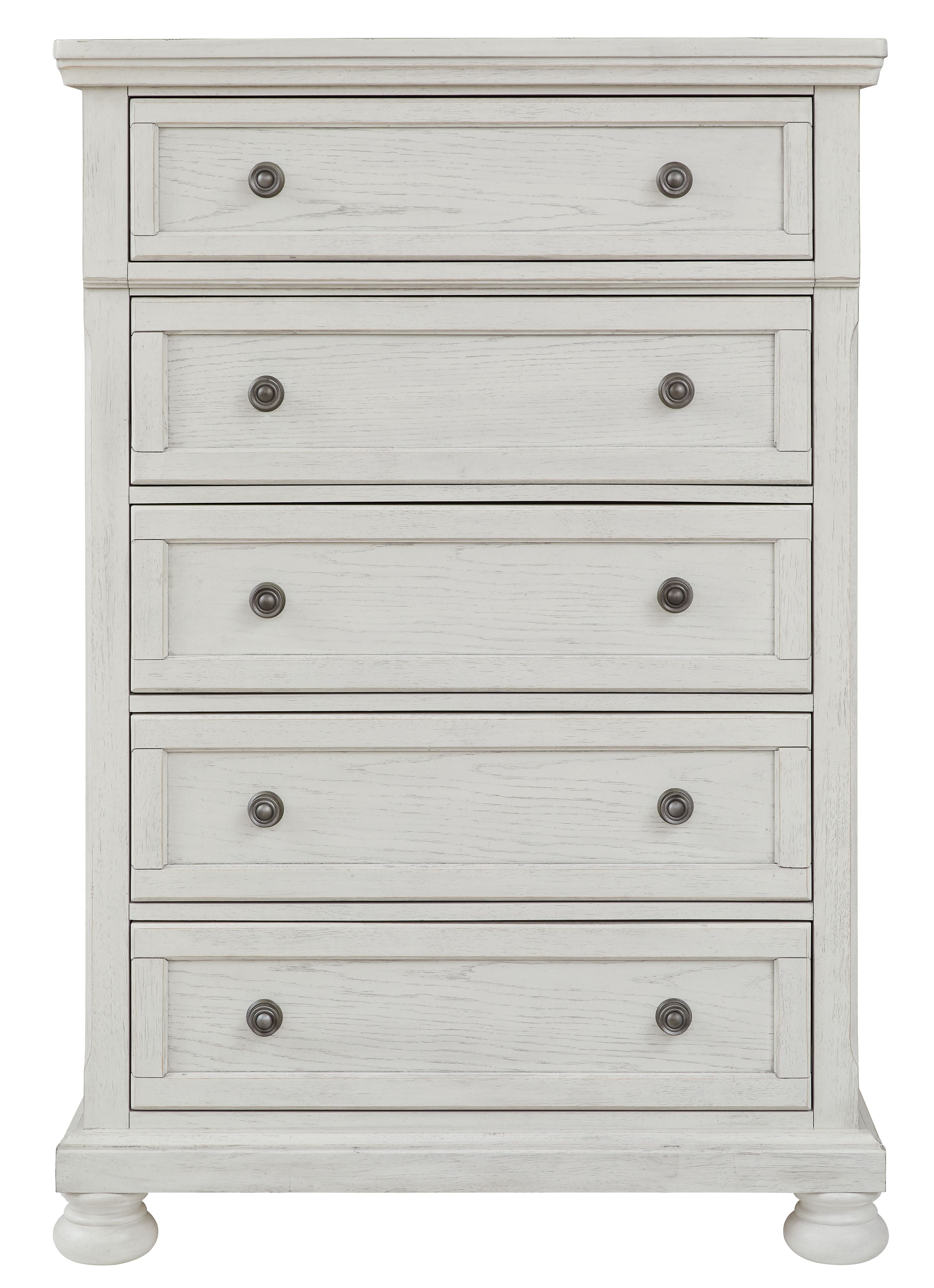 Antique white five-drawer chest with five drawer fronts and round metal knob pulls