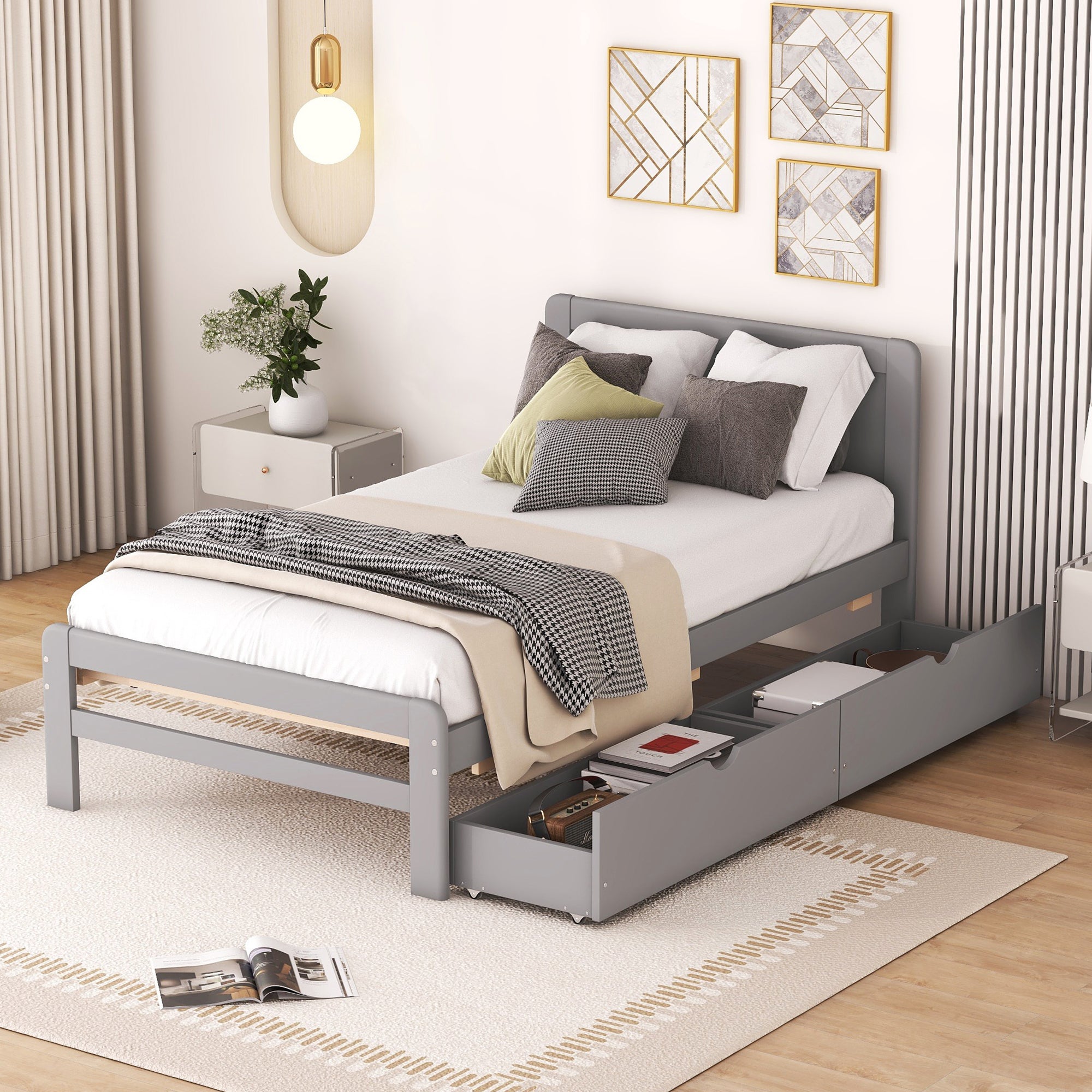Grey Twin Platform Bed: Modern Design, 2 Drawers
