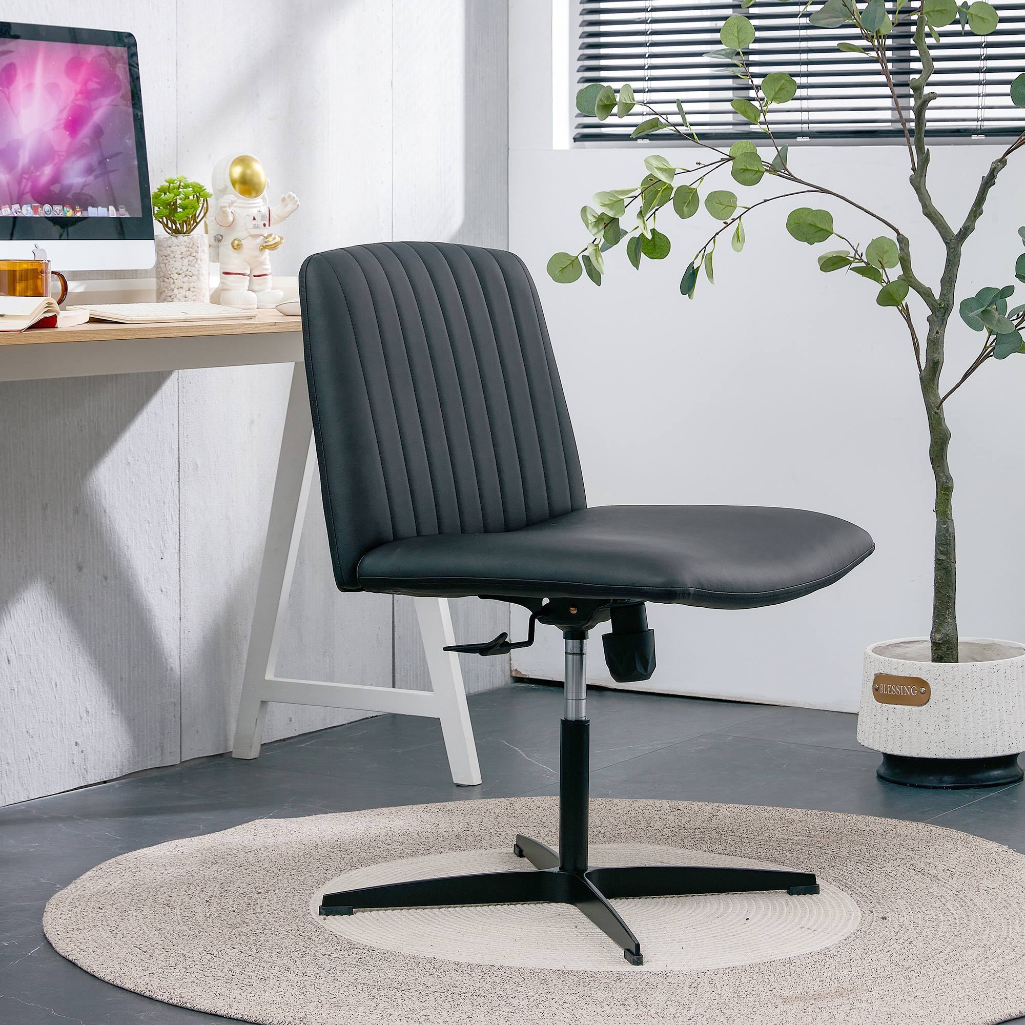 Black PU Leather Home Office Chair, 360° Swivel, No Wheels