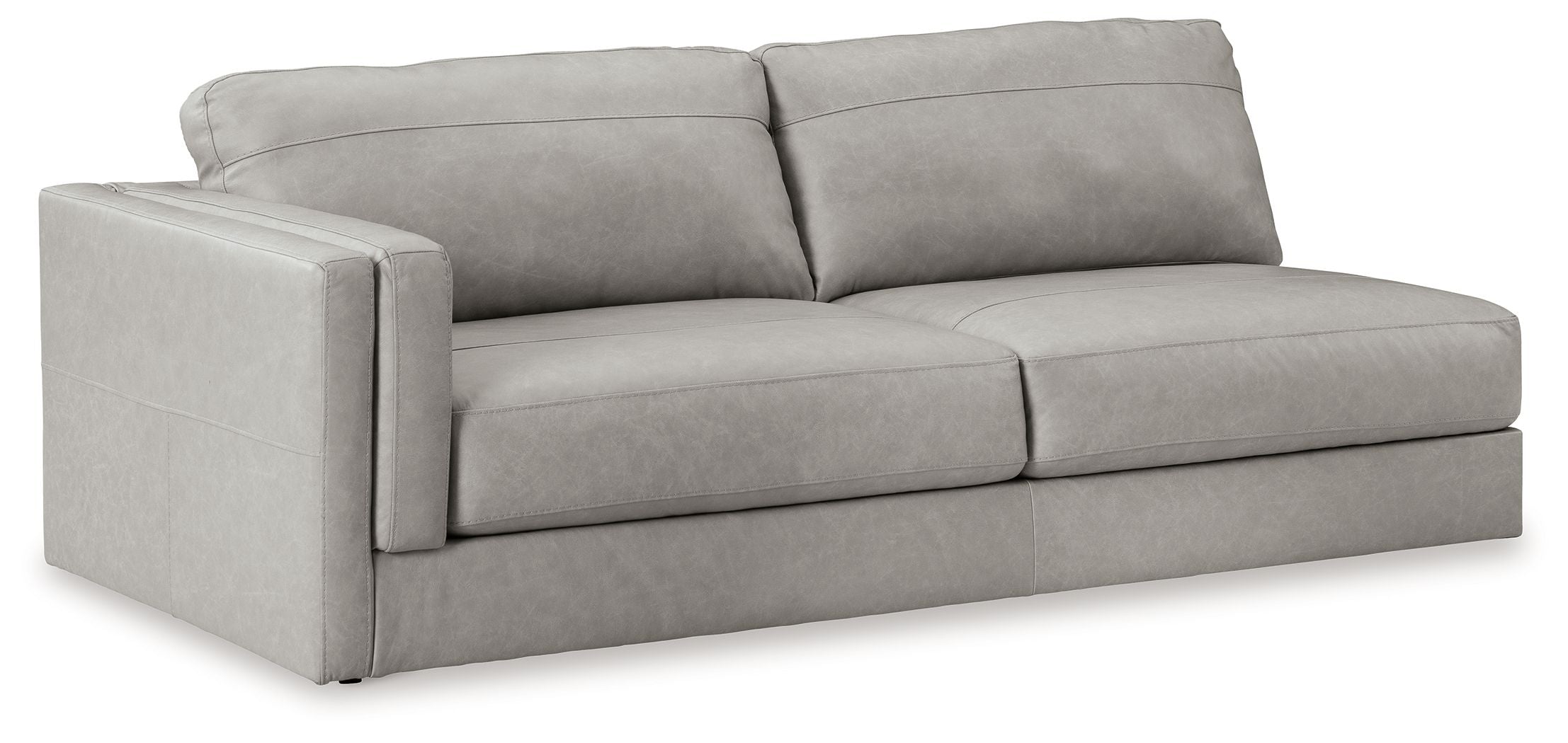 Light gray two-seat Laf sofa with boxy arms and tufted seat cushions