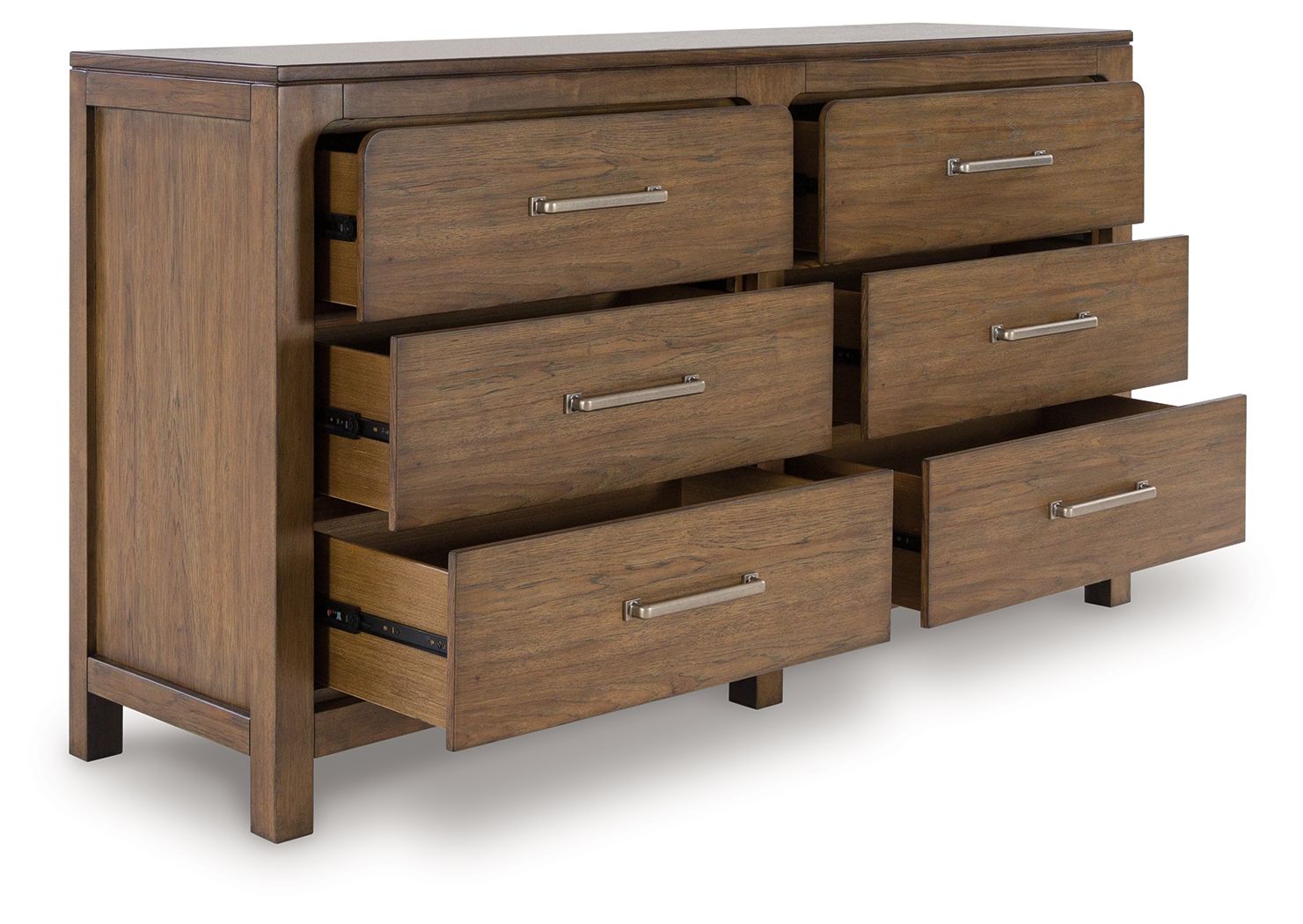 Light brown wooden dresser with open drawers and metal bar pulls, angled front view