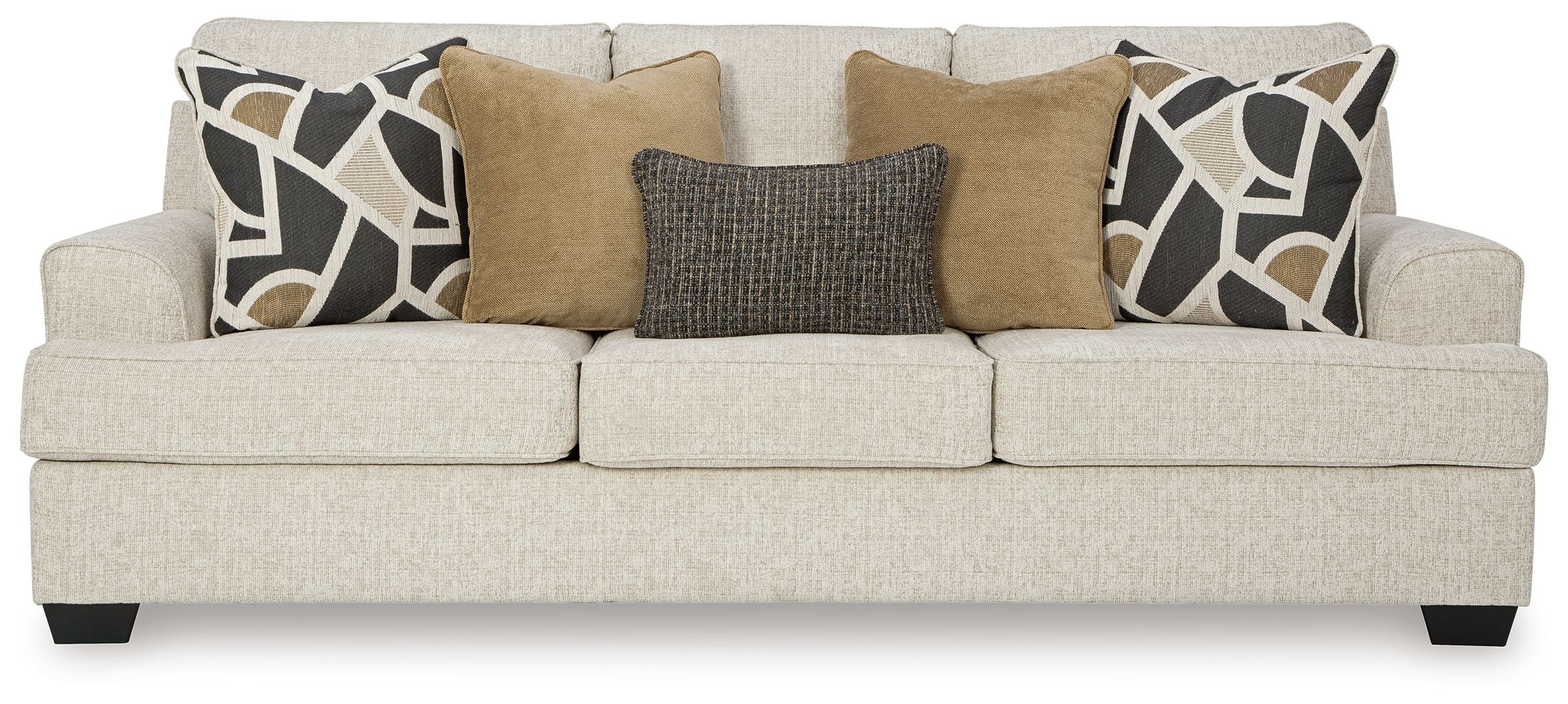 Light beige sofa with patterned pillows and tan and dark gray cushions on seats