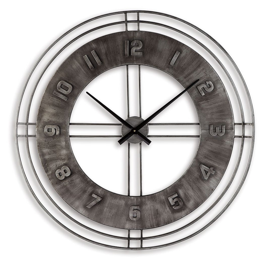 Antique gray wall clock, chrome ring, black hour/minute hands, large numbers, grid accents