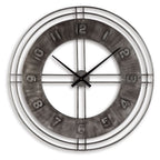 Antique gray wall clock, chrome ring, black hour/minute hands, large numbers, grid accents