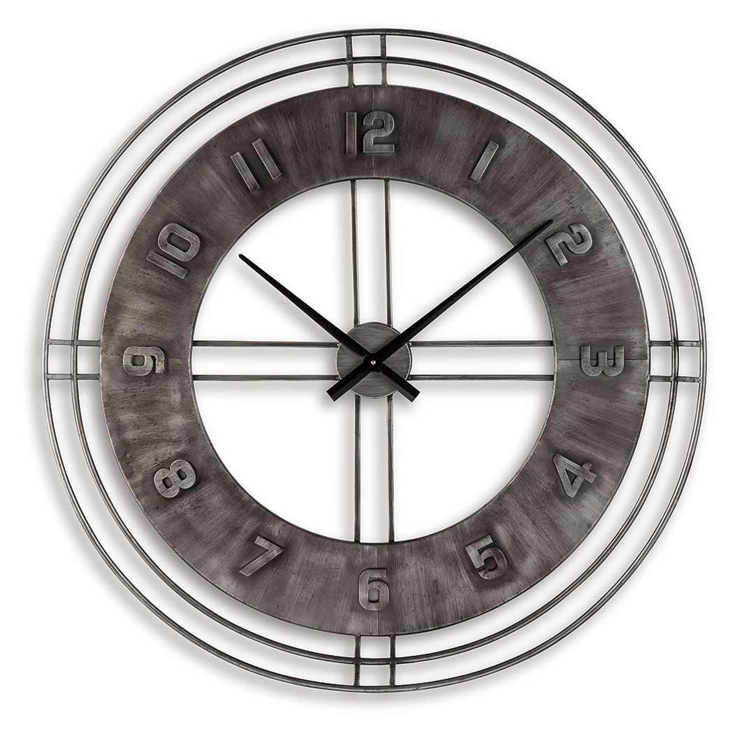 Antique gray wall clock, chrome ring, black hour/minute hands, large numbers, grid accents