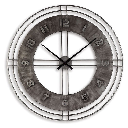Antique gray wall clock, chrome ring, black hour/minute hands, large numbers, grid accents