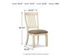 Upholstered dining side chair with beige frame, gray upholstered seat, slatted back