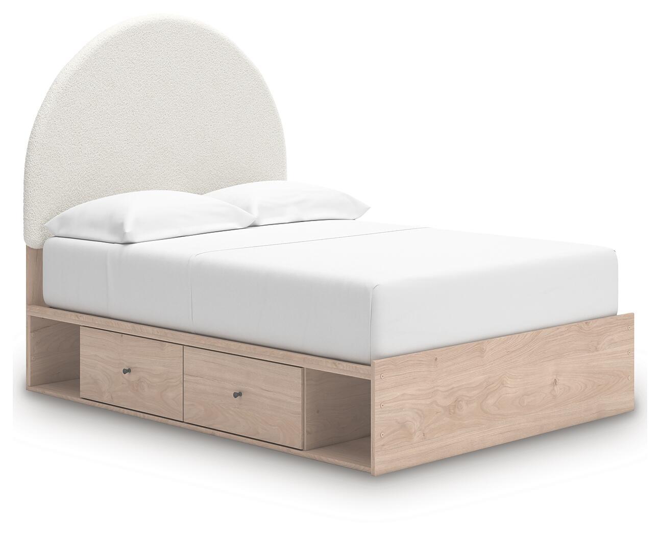 Beige upholstered panel bed with white mattress, arched headboard, and two front under-bed drawers